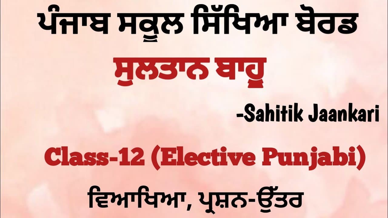 Sufi Kavi - Sultan Bahu। Elective Punjabi Class-12 #sahitikjaankari