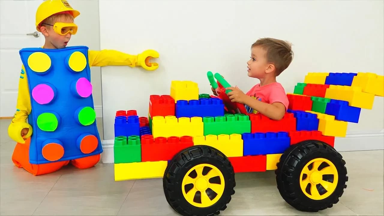 Vlad and Nikita Ride on Toy Sports Car & play with colored toy blocks